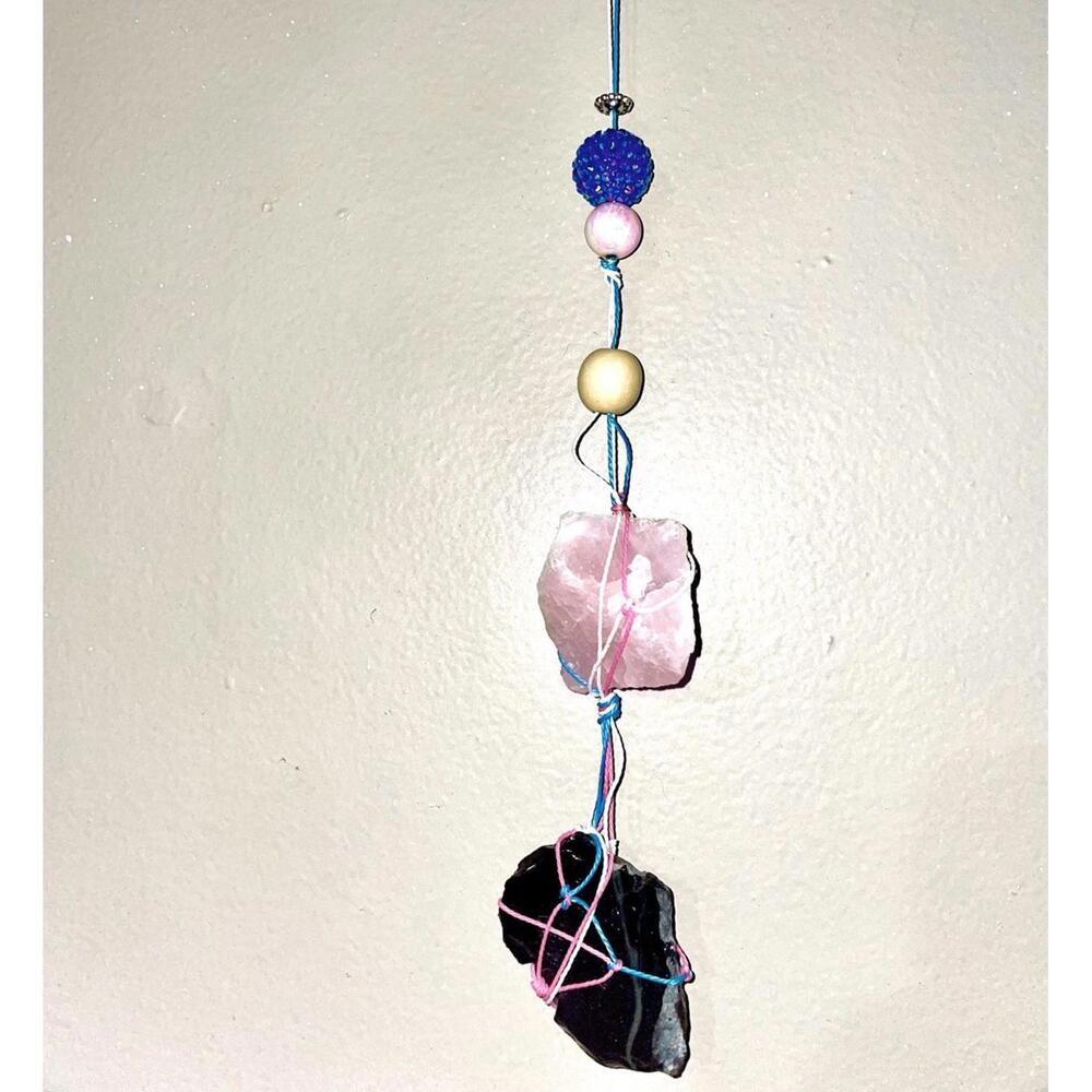 macrame wall hanging trans transgender obsidian rose quartz rear view mirror